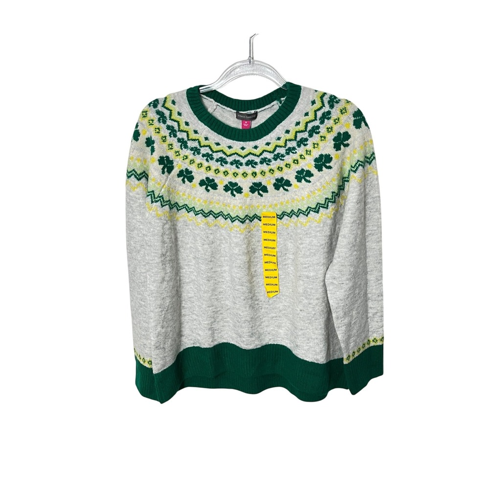 Vince Camuto St. Paddy's‎ Sweater Womens Medium Grey Green Shamrock Fair Isle